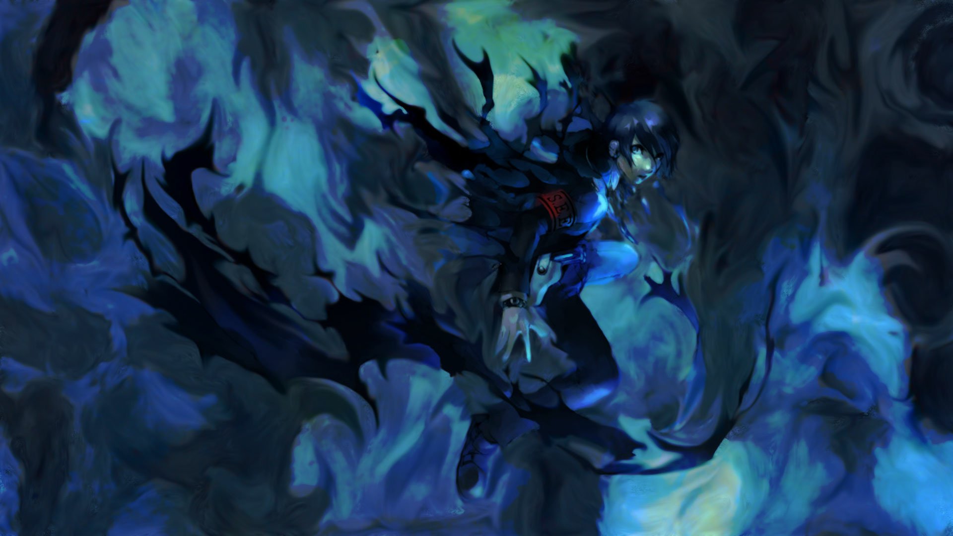 HD wallpaper featuring Makoto Yuki (Minato Arisato) from the video game Persona 3, enveloped in dark, swirling blue and black flames.