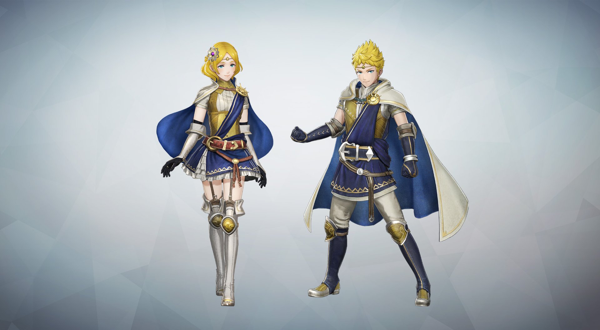 HD desktop wallpaper featuring two characters from Fire Emblem Warriors, standing against a light background.