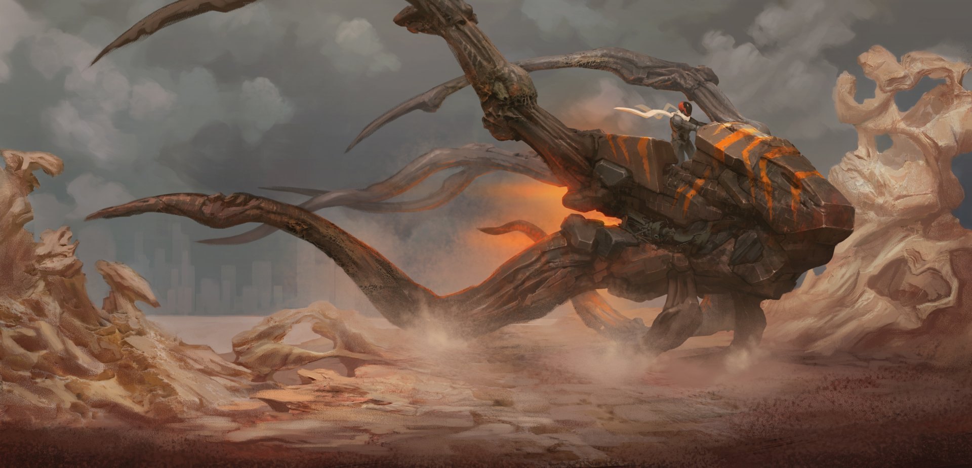 A 4K Ultra HD Sci-Fi desktop wallpaper depicting a massive, armored mecha creature with glowing orange accents moving through a desolate, dusty landscape.