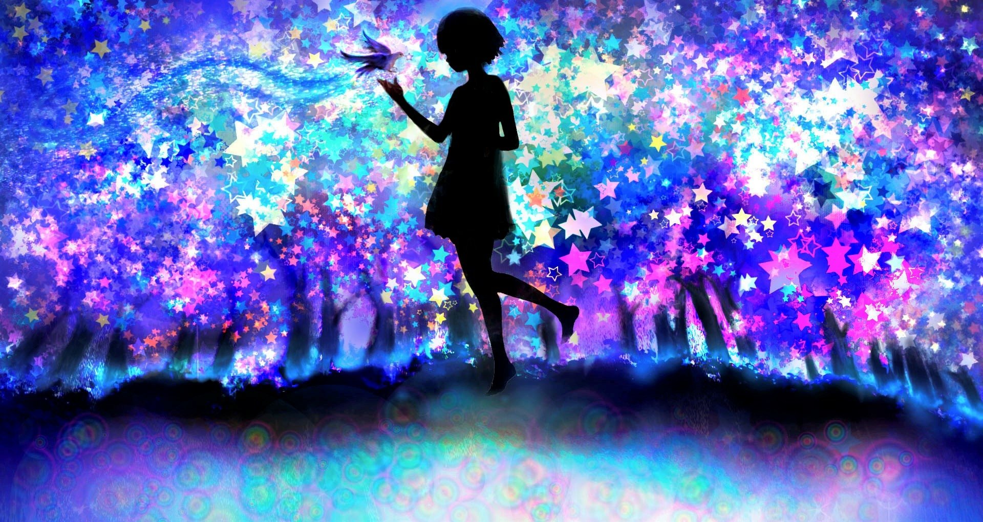 A colorful anime-themed HD desktop wallpaper featuring the silhouette of a girl holding a bird, surrounded by vibrant stars and vivid colors.