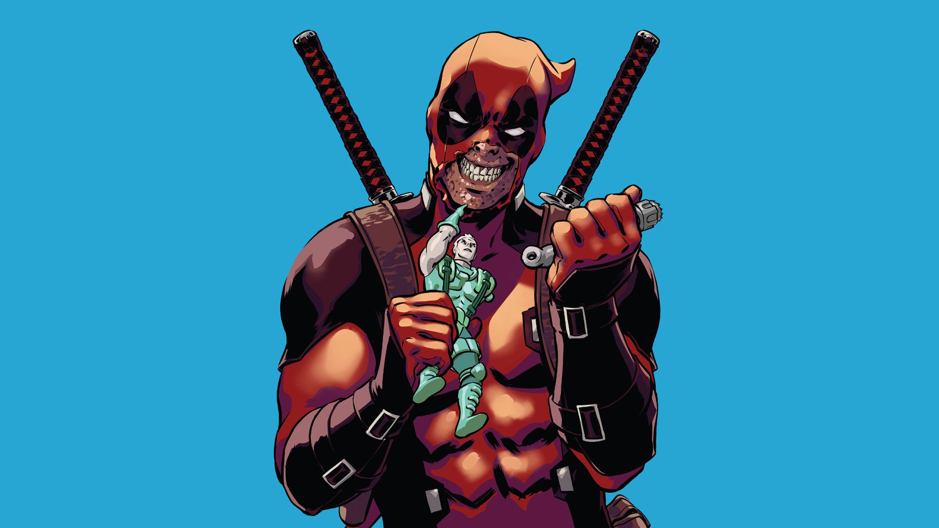 Comic-style Deadpool holding a small green baby doll, katanas on his back against a teal background — 2K Quad HD PC desktop wallpaper/background.