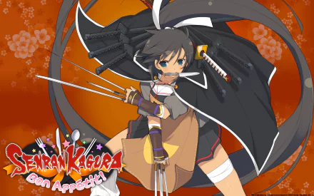 HD PC desktop wallpaper of the video game Senran Kagura: Bon Appétit! — anime warrior girl in a black cape wielding a katana and clawed gauntlet before an orange floral backdrop.