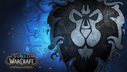HD desktop wallpaper of World of Warcraft: Battle for Azeroth, featuring a prominent Alliance lion emblem on the right against a blue background with a map of Eastern Kingdoms in the backdrop.