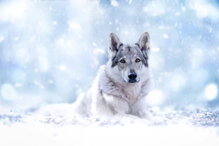 HD desktop wallpaper of a wolfdog staring intently, surrounded by a snowy, blurred winter landscape.
