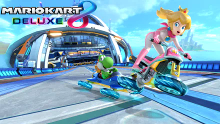 HD PC desktop wallpaper featuring Princess Peach and Yoshi racing in Mario Kart 8 Deluxe on a futuristic track.