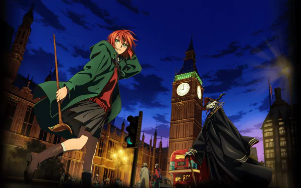 HD wallpaper featuring Chise Hatori and Elias Ainsworth from Mahoutsukai no Yome (The Ancient Magus' Bride) set against a vibrant evening cityscape background, showcasing iconic British architecture.
