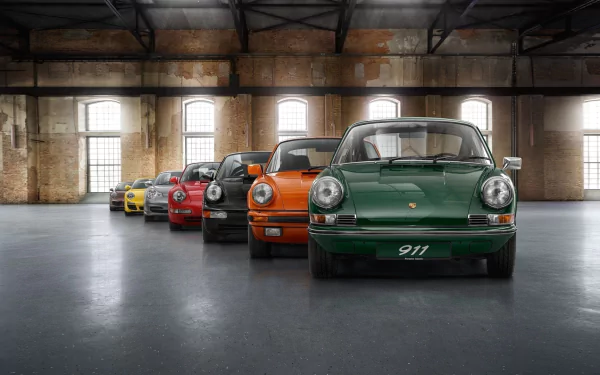 A lineup of colorful Porsche 911 cars—green, orange, black, red, silver, and yellow—inside a spacious industrial-style garage, captured in HD for a PC desktop wallpaper.