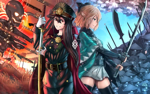 HD anime desktop wallpaper featuring Sakura Saber and Oda Nobukatsu from Fate/Grand Order, with a demon archer and intense, contrasting fiery and sakura blossom backgrounds.