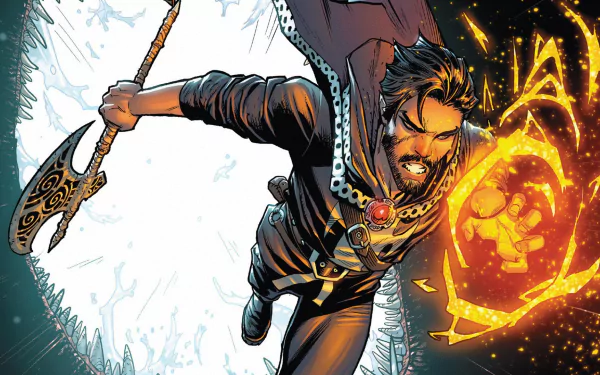 Comic-style HD PC desktop wallpaper depicting Doctor Strange casting a fiery magical spell while wielding a mystical weapon.