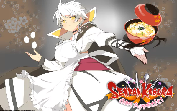 HD PC desktop wallpaper featuring Miyabi from the video game Senran Kagura Bon Appétit!, depicted with floating eggs and a bowl of food against a floral background.