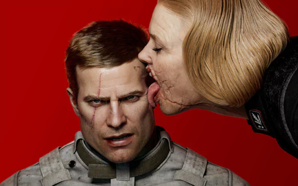 An intense HD wallpaper featuring B.J. Blazkowicz from the video game Wolfenstein II: The New Colossus, with a woman ominously licking his scarred face against a bold red background.