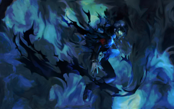 HD wallpaper featuring Makoto Yuki (Minato Arisato) from the video game Persona 3, enveloped in dark, swirling blue and black flames.