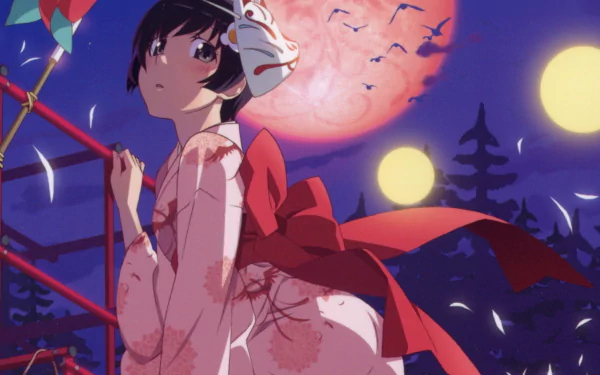 HD anime desktop wallpaper featuring Tsukihi Araragi from Bakemonogatari, part of the Monogatari series, with a vibrant night sky and glowing moons.