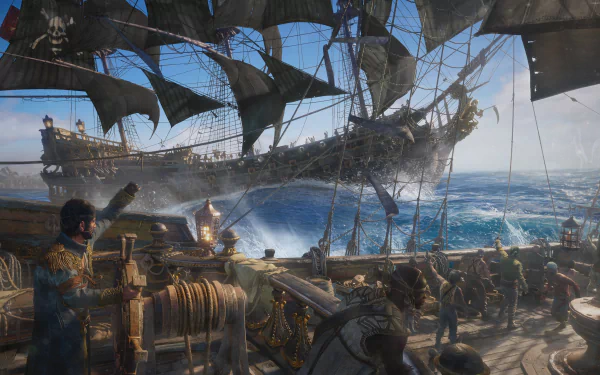 4K Ultra HD PC wallpaper from the video game Skull and Bones showing pirate ships engaged in intense naval combat on a turbulent sea.