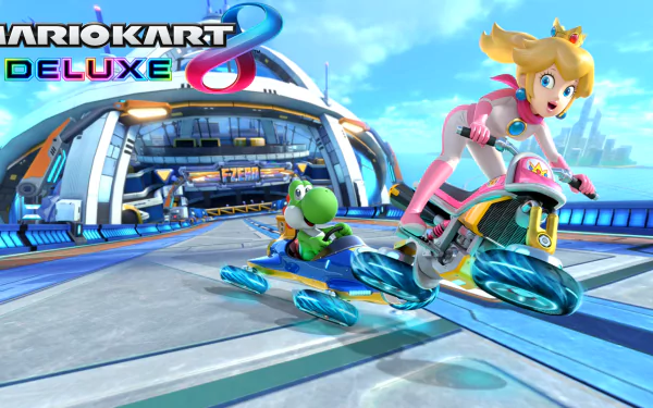 HD PC desktop wallpaper featuring Princess Peach and Yoshi racing in Mario Kart 8 Deluxe on a futuristic track.