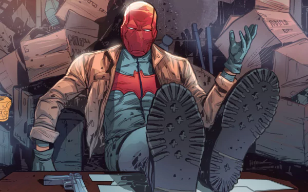 HD desktop wallpaper featuring DC Comics' Jason Todd, also known as the Red Hood, from Red Hood And The Outlaws, casually reclining with boots up, surrounded by boxes and a gun on the table.