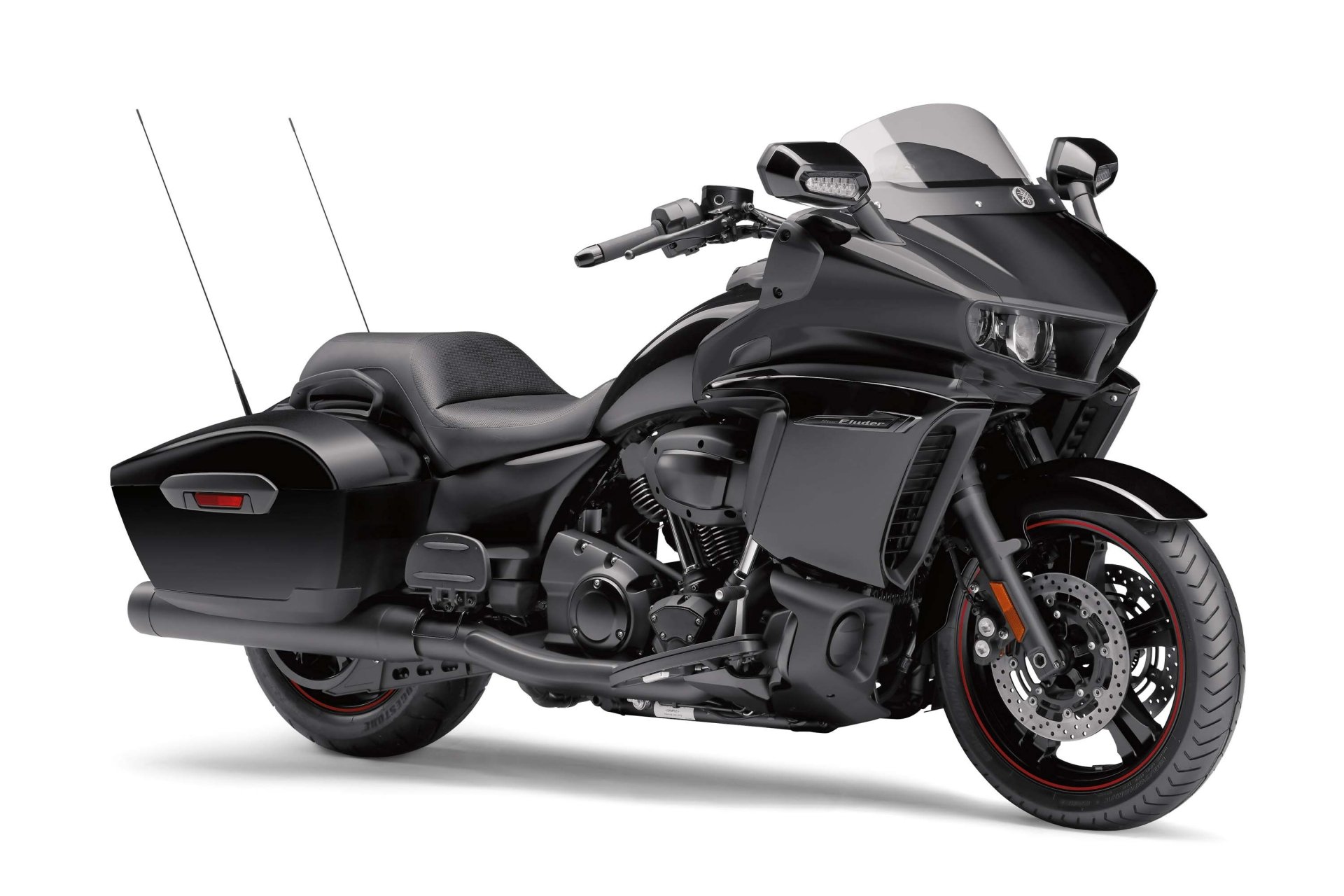 HD desktop wallpaper featuring a sleek black Yamaha Star Eluder motorcycle against a white background.
