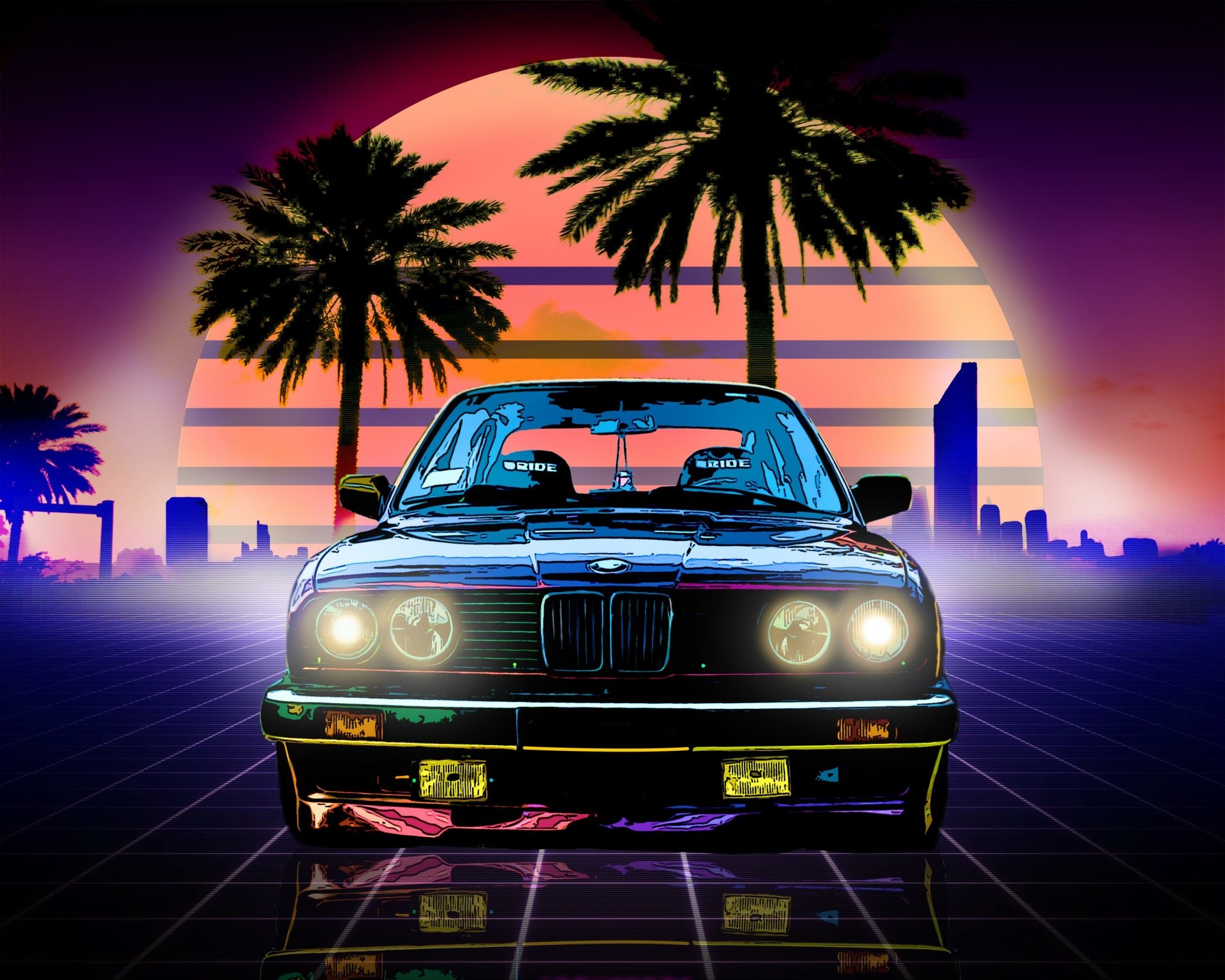 HD desktop wallpaper featuring a retro wave artistic design with a BMW in the foreground, lit palm trees, a vibrant sunset, and a city skyline in the background.