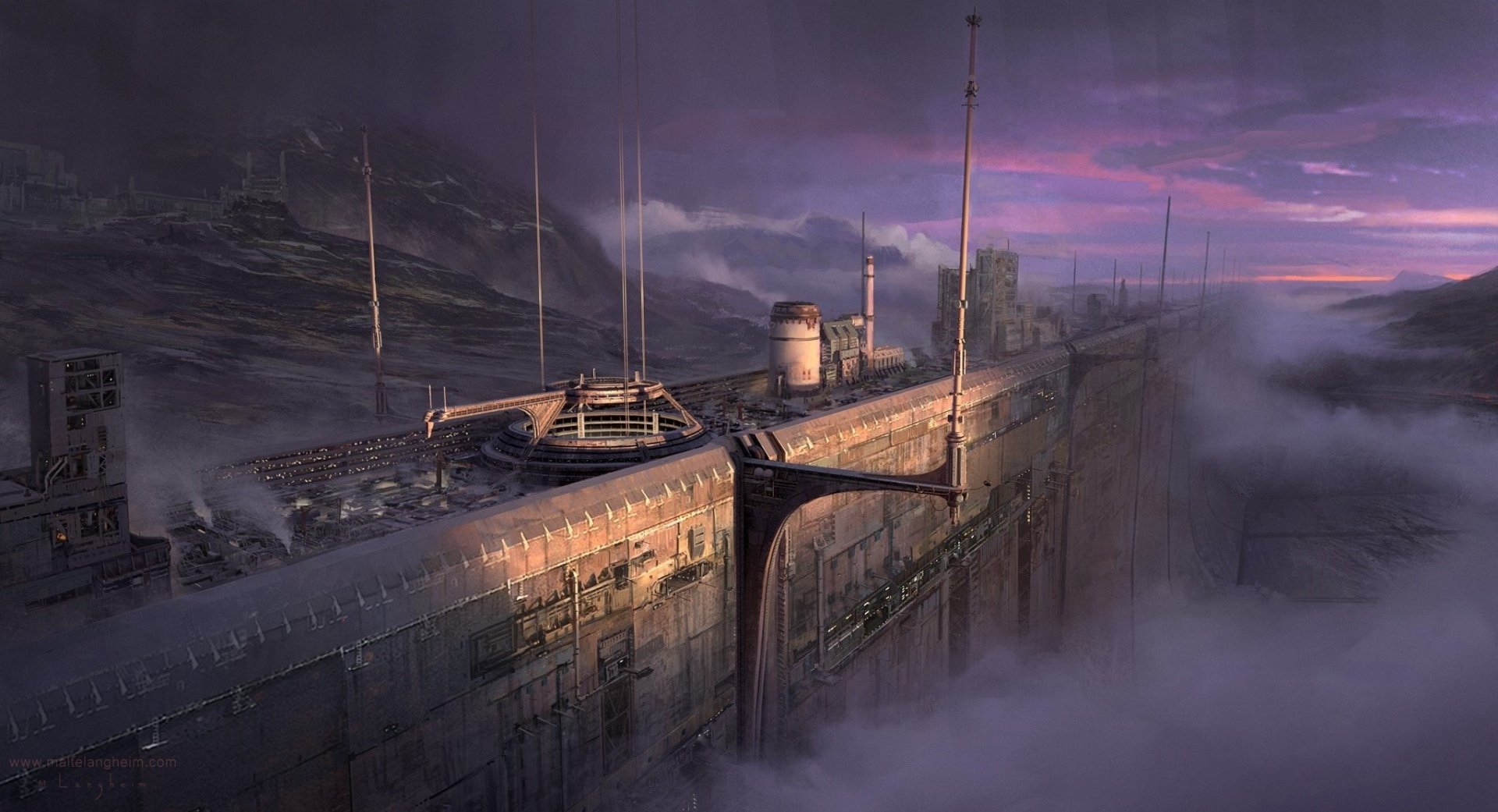 A foggy sci-fi landscape featuring a massive wall extending into the distance under a purple-hued sky, designed as an HD PC desktop wallpaper and background.