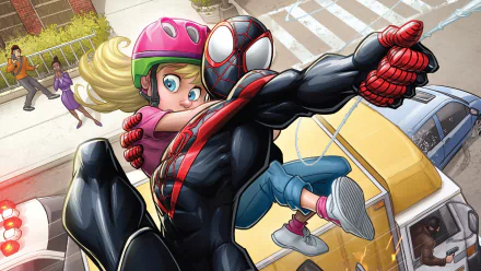 HD comic-style PC wallpaper featuring Spider-Man in black suit swinging through the city while carrying a little girl wearing a pink helmet and gloves.