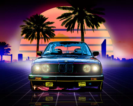 HD desktop wallpaper featuring a retro wave artistic design with a BMW in the foreground, lit palm trees, a vibrant sunset, and a city skyline in the background.