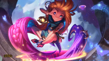 HD desktop wallpaper featuring Zoe from League of Legends. She has long orange and pink hair, heterochromia, and is depicted in a vibrant, fantastical setting.
