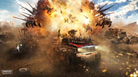 HD PC wallpaper from the video game Crossout featuring explosive action with armored cars and vehicles bursting through a fiery explosion in a dynamic desert setting.