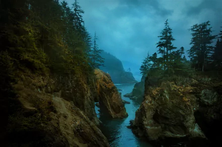 HD desktop wallpaper capturing Oregon’s rugged coastline with towering cliffs, dense trees, and a moody blue sky over the tranquil coastal waters.