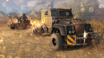 HD PC desktop wallpaper featuring rugged cars in an explosive off-road chase scene from the video game Crossout.