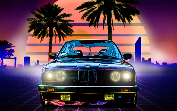 HD desktop wallpaper featuring a retro wave artistic design with a BMW in the foreground, lit palm trees, a vibrant sunset, and a city skyline in the background.