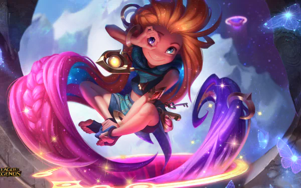 HD desktop wallpaper featuring Zoe from League of Legends. She has long orange and pink hair, heterochromia, and is depicted in a vibrant, fantastical setting.
