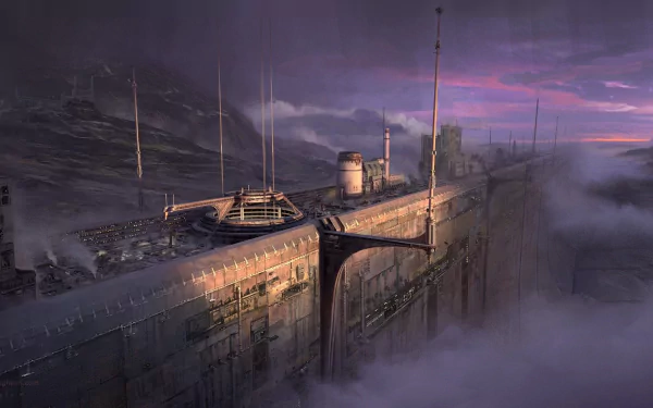 A foggy sci-fi landscape featuring a massive wall extending into the distance under a purple-hued sky, designed as an HD PC desktop wallpaper and background.