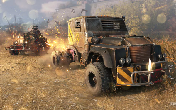 HD PC desktop wallpaper featuring rugged cars in an explosive off-road chase scene from the video game Crossout.