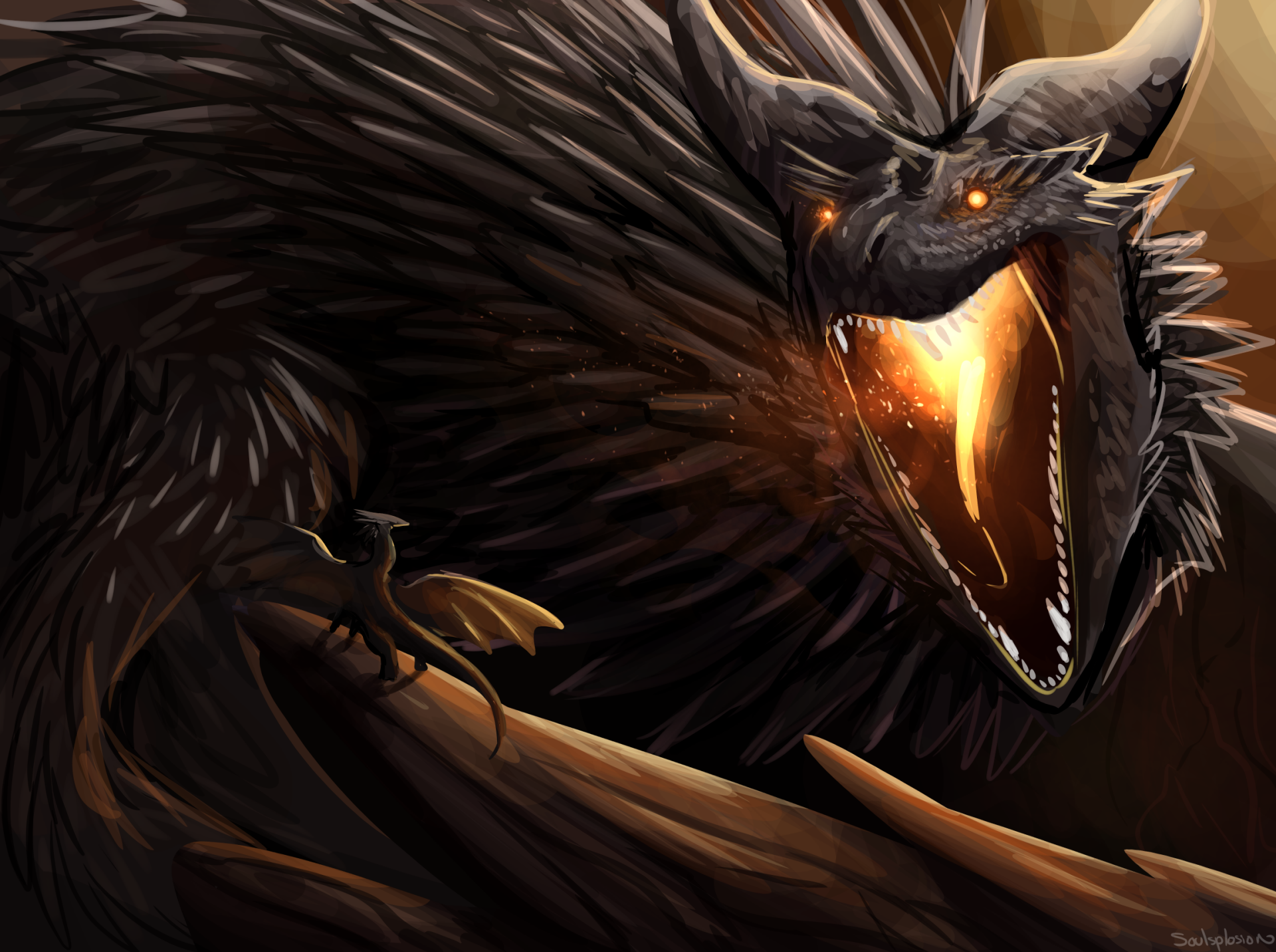 HD PC desktop wallpaper and background: a fantasy dragon with razor spikes, glowing maw and eyes, roaring above a tiny silhouetted rider.