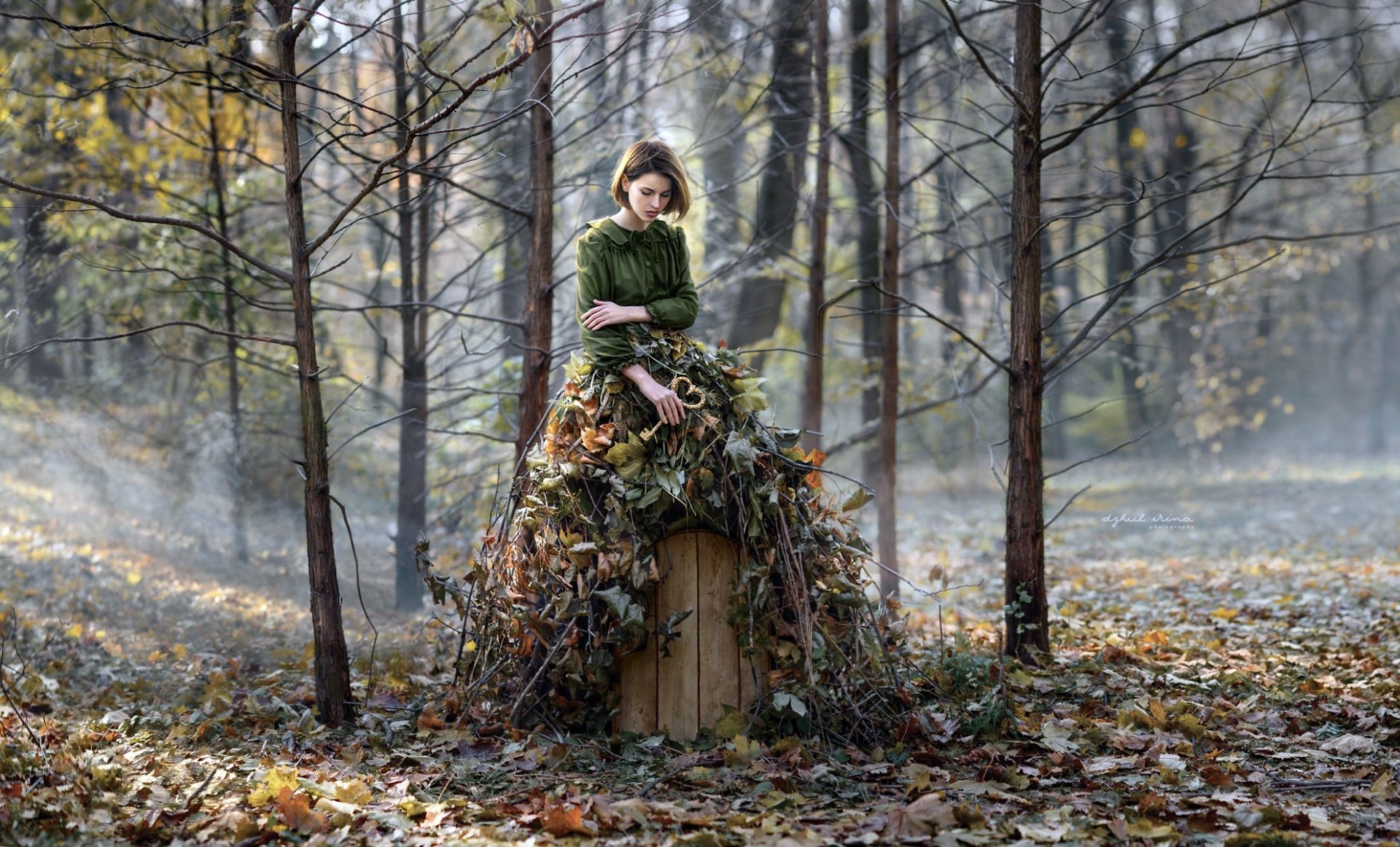 A brunette woman with short hair sits on a tree stump in a misty forest, wearing a dress made of leaves, captured with shallow depth of field and moody lighting.