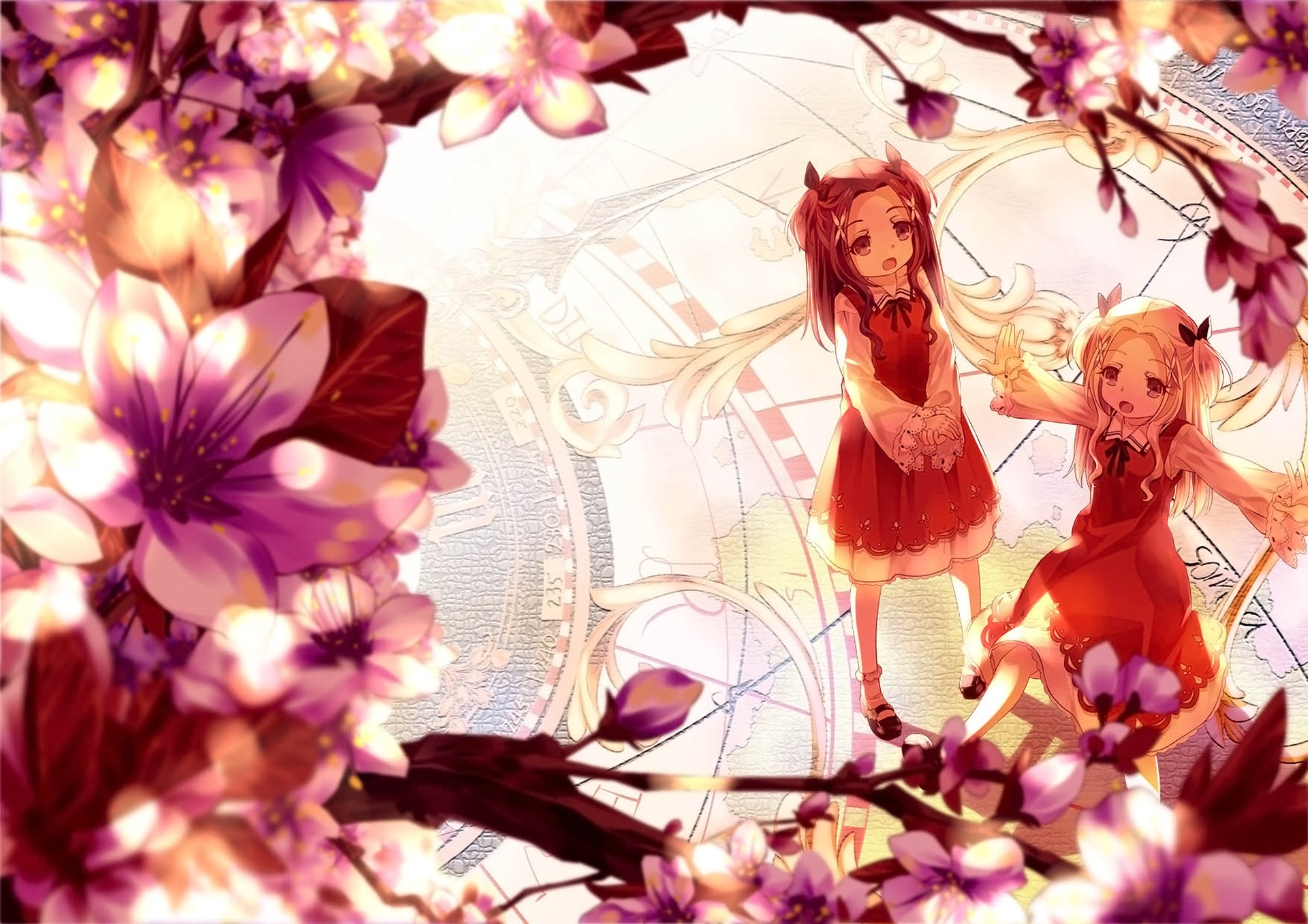 HD anime desktop wallpaper featuring two blonde girls in red dresses surrounded by pink flowers, rendered in an original style with vibrant colors and delicate details.
