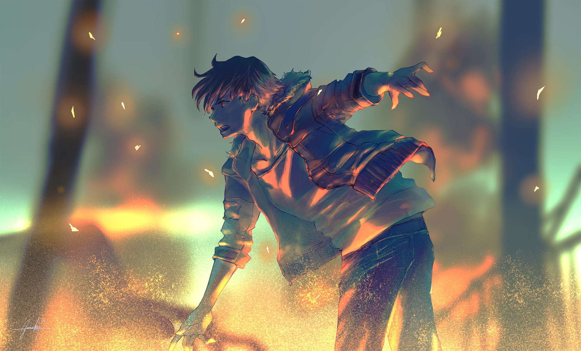 Anime boy with black hair in a coat, reaching forward among glowing embers, in a vivid HD desktop wallpaper.