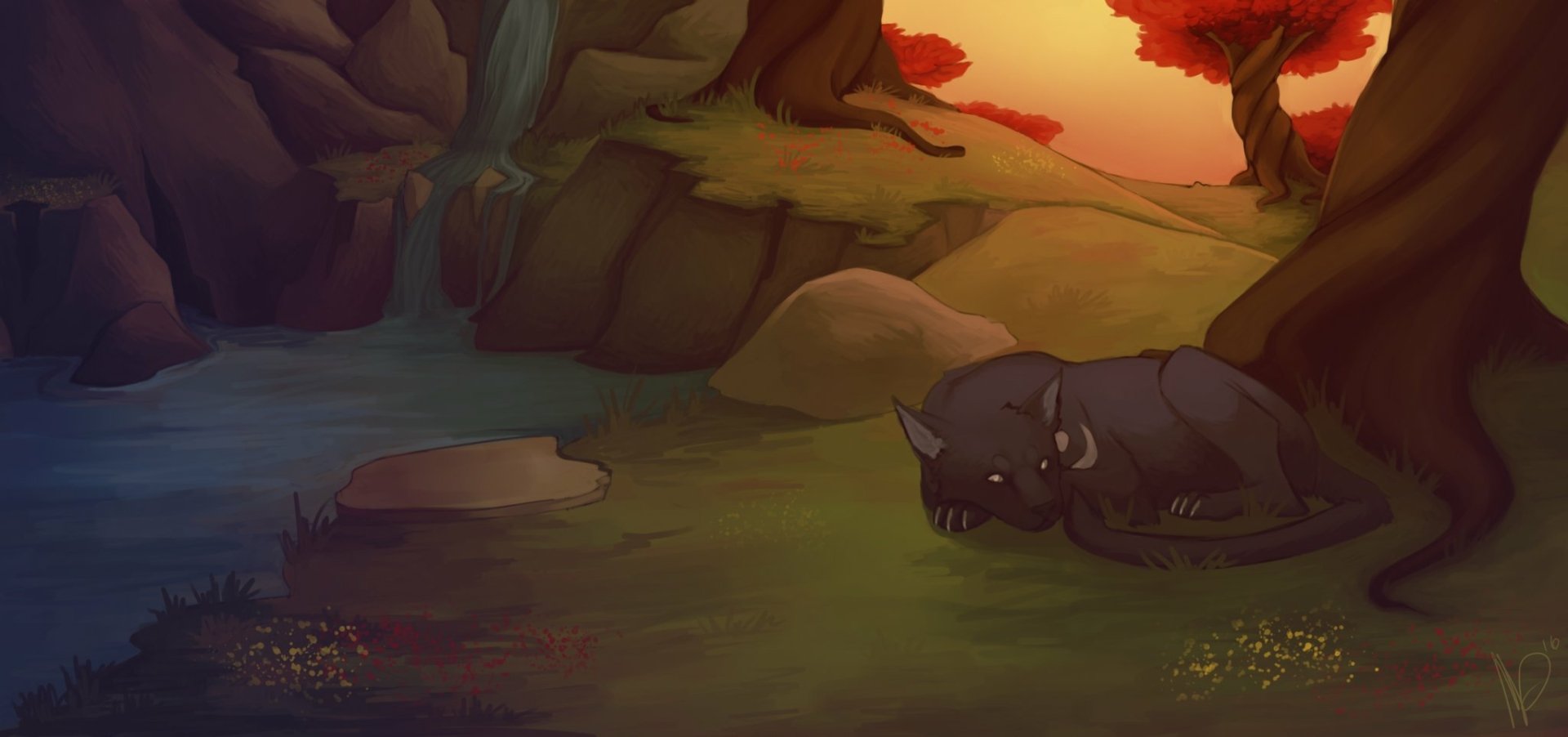 A fantasy animal resembling a small, dark creature with horns rests in a mystical forest at sunset, designed as an HD PC desktop wallpaper and background.