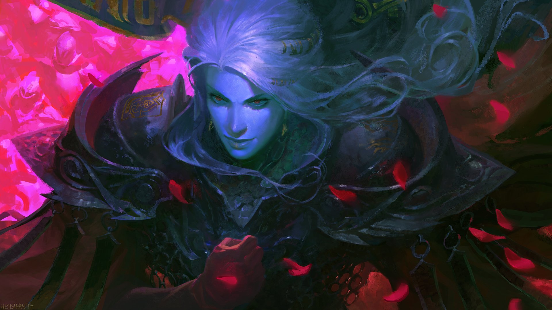 Fantasy warrior with white hair and glowing red eyes clad in dark armor, surrounded by floating red petals in a vivid, high-definition desktop wallpaper.