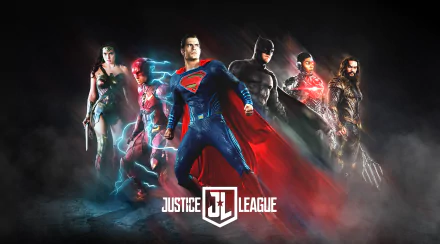 Justice League HD desktop wallpaper featuring Henry Cavill as Superman, Ben Affleck as Batman, Gal Gadot as Wonder Woman, Jason Momoa as Aquaman, Ray Fisher as Cyborg, and Ezra Miller as Flash.