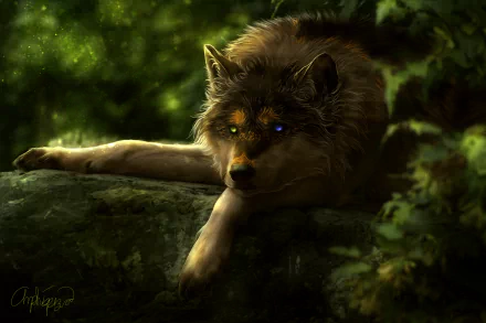 HD desktop wallpaper featuring a wolf with heterochromia, resting on a moss-covered rock in a lush green forest background.