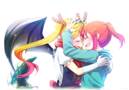 An HD desktop wallpaper of Tohru and Kobayashi from Miss Kobayashi's Dragon Maid, featuring Tohru with blonde twintails, horns, and dragon wings, smiling and embracing a tearful, blushing Kobayashi.