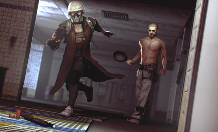 HD desktop wallpaper featuring two characters from Playerunknown's Battlegrounds in a gritty urban setting, one armed with a frying pan.