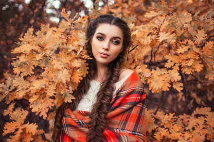 HD PC desktop wallpaper/background: brunette model with long braided hair wrapped in a plaid shawl, posing amid golden fall leaves.