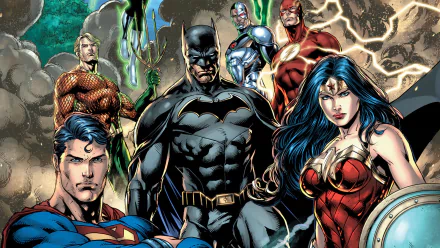 HD desktop wallpaper featuring iconic DC Comics superheroes from the Justice League: Superman, Batman, Wonder Woman, The Flash, Green Lantern, Aquaman, and Cyborg, standing together in a dynamic pose.