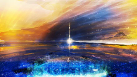HD desktop wallpaper featuring Vocaloid IA set in a vibrant, dreamy scenery with striking light effects and an anime aesthetic.