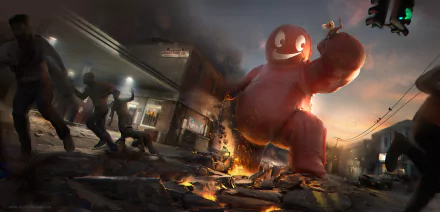 A towering red monster with a smiling face stomps through a city street, causing chaos as people flee, set in a dramatic sci-fi scene for a HD PC desktop background.