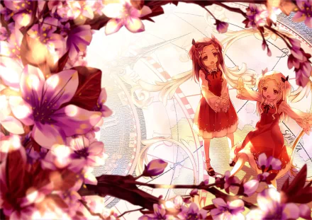 HD anime desktop wallpaper featuring two blonde girls in red dresses surrounded by pink flowers, rendered in an original style with vibrant colors and delicate details.