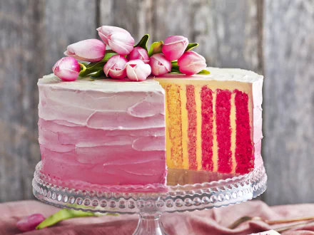 A layered cream pastry cake with pink and yellow stripes, decorated with pink tulip flowers, displayed as a HD PC desktop wallpaper and background.