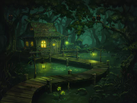 A magical, fantasy forest at night, featuring a charming house surrounded by lush trees and greenery, with glowing lanterns illuminating a wooden walkway. HD desktop wallpaper and background.